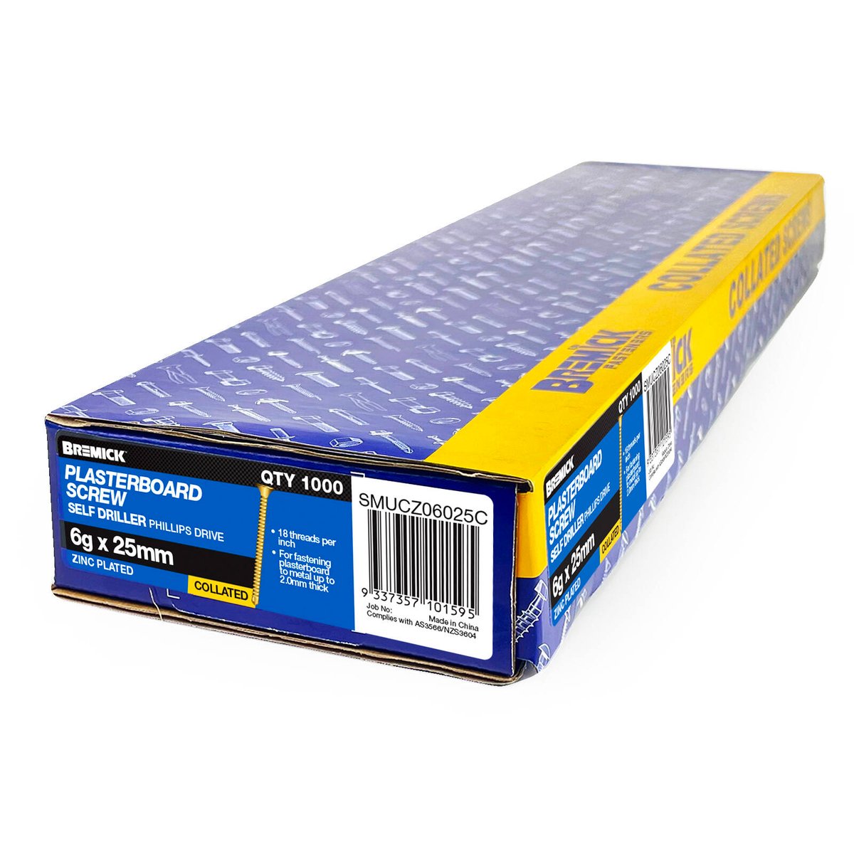 Bremick Collated Plasterboard Screws 6g x 25mm Yellow Zinc Bugle Head Fine Thread 1000 Pack