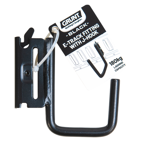 GRUNT Black E-Track Fitting with J Hook, 180kg Lashing Capacity