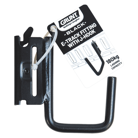 GRUNT Black E-Track Fitting with J Hook, 180kg Lashing Capacity