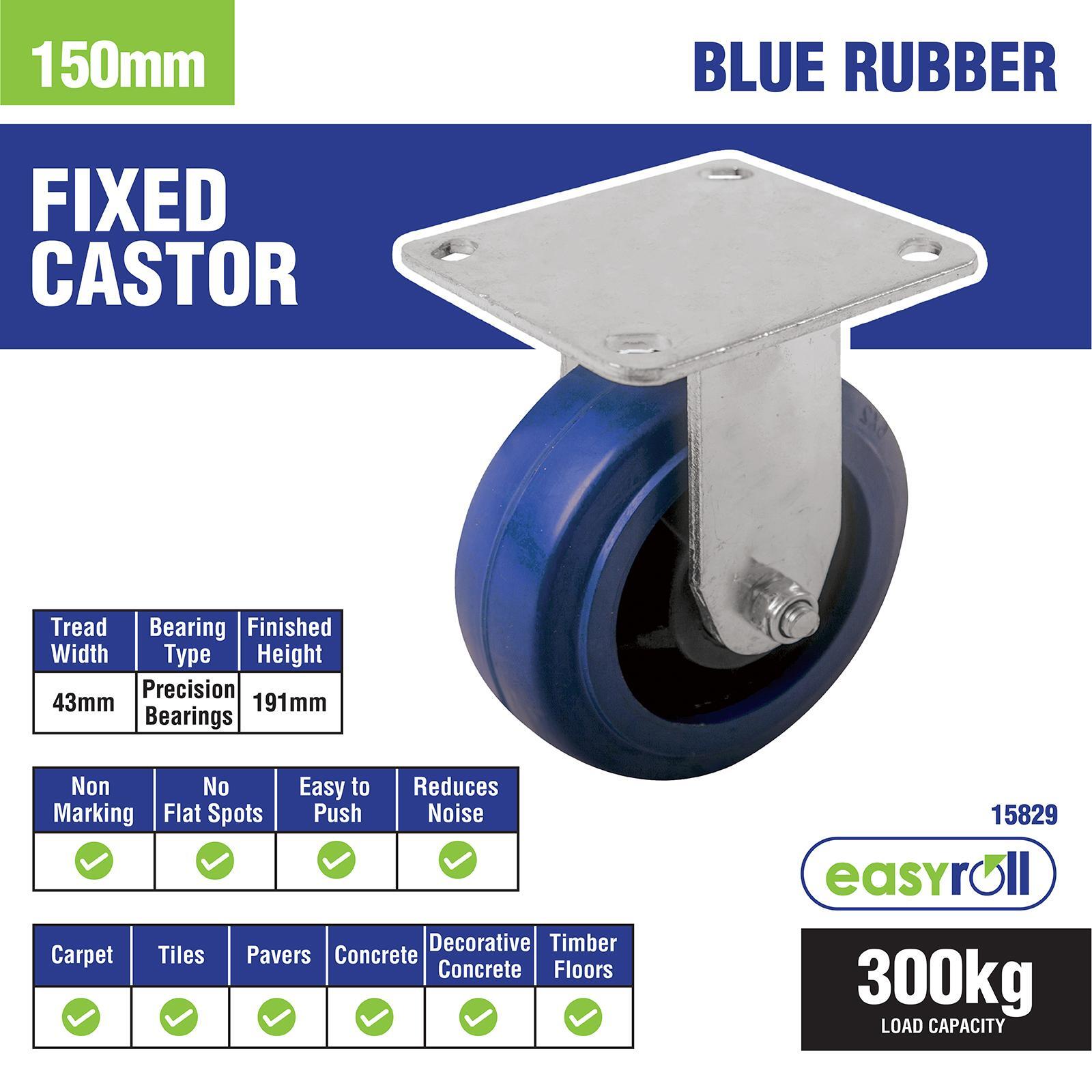 Easyroll 150mm Blue Elastic Rubber Heavy Duty Fixed Plate Castor 300kg