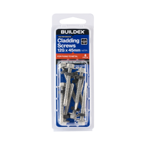Buildex 12G x 45mm Class 3 Hex Head TEKS Cladding Screws with Seal - 8 Pack