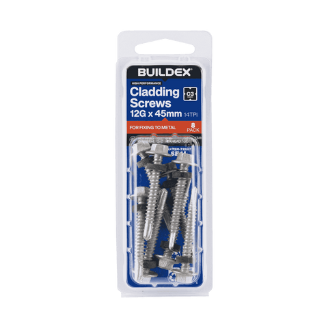 Buildex 12G x 45mm Class 3 Hex Head TEKS Cladding Screws with Seal - 8 Pack