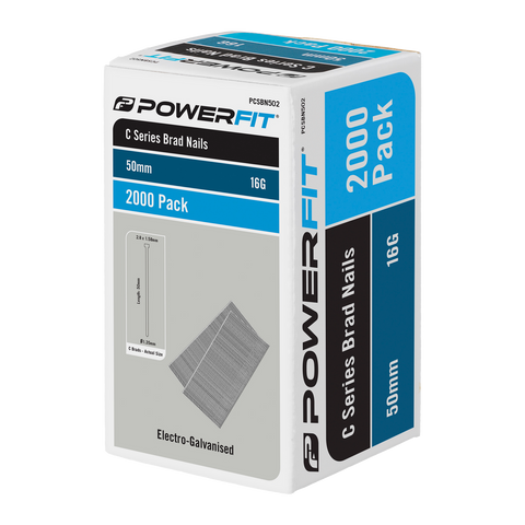 PowerFit 50mm C Series Electro-Galvanised Brad Nails - 2000 Pack