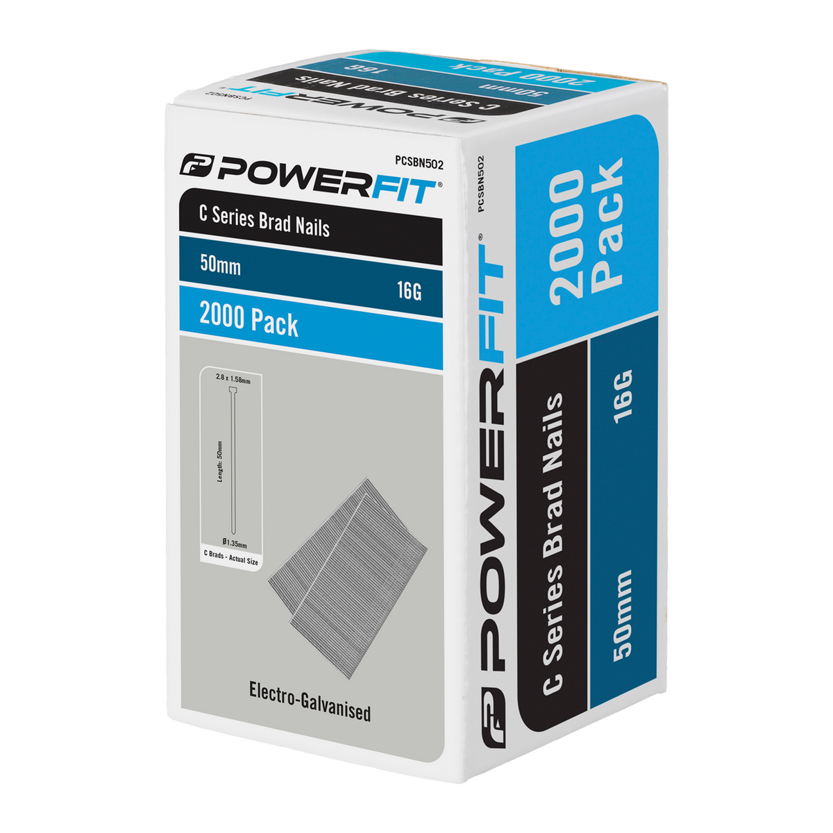 PowerFit 50mm C Series Electro-Galvanised Brad Nails - 2000 Pack