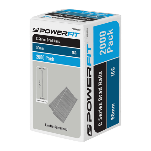 PowerFit 50mm C Series Electro-Galvanised Brad Nails - 2000 Pack