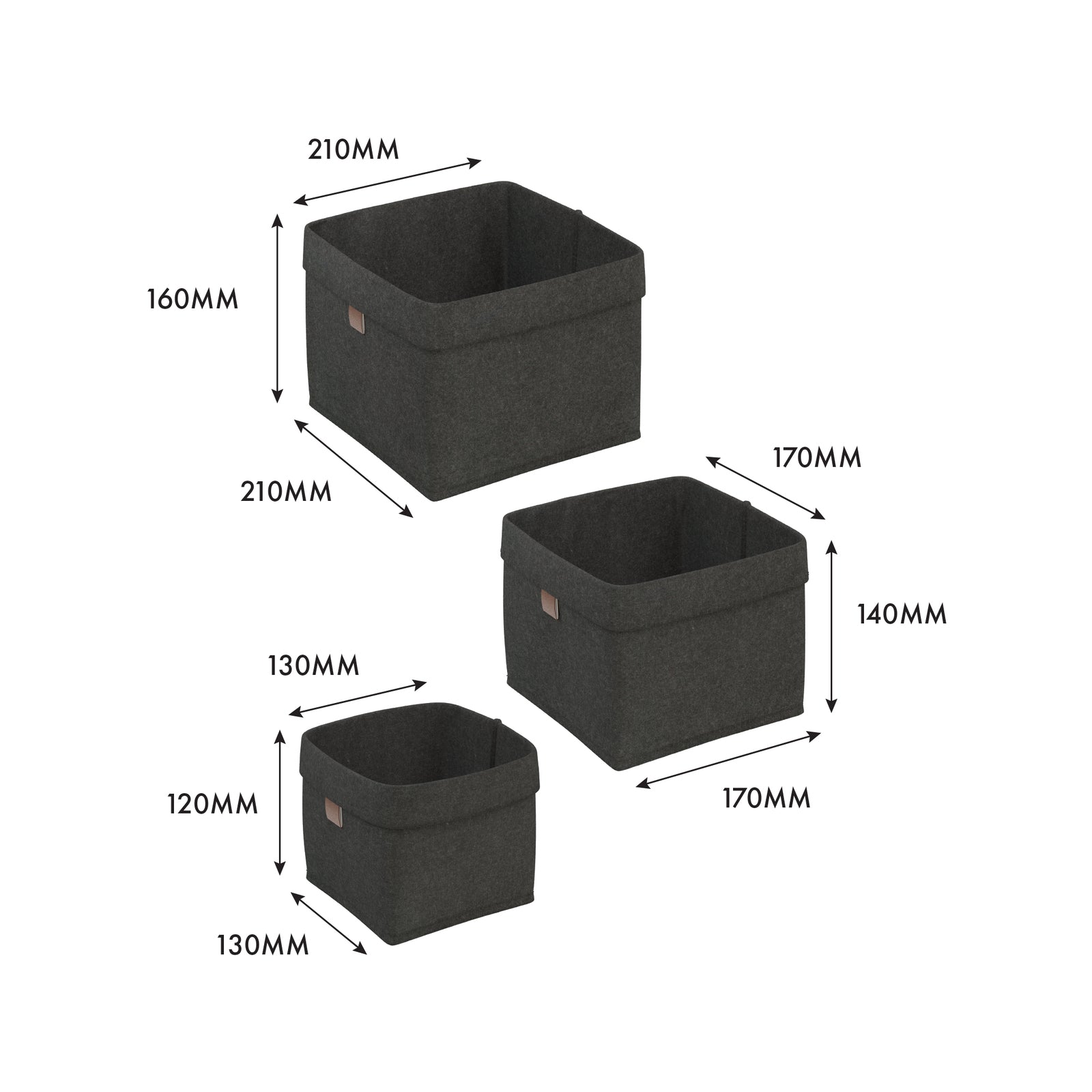 Flexi Storage Living 7L Dark Grey Square Felt Baskets - Set of 3, Stackable