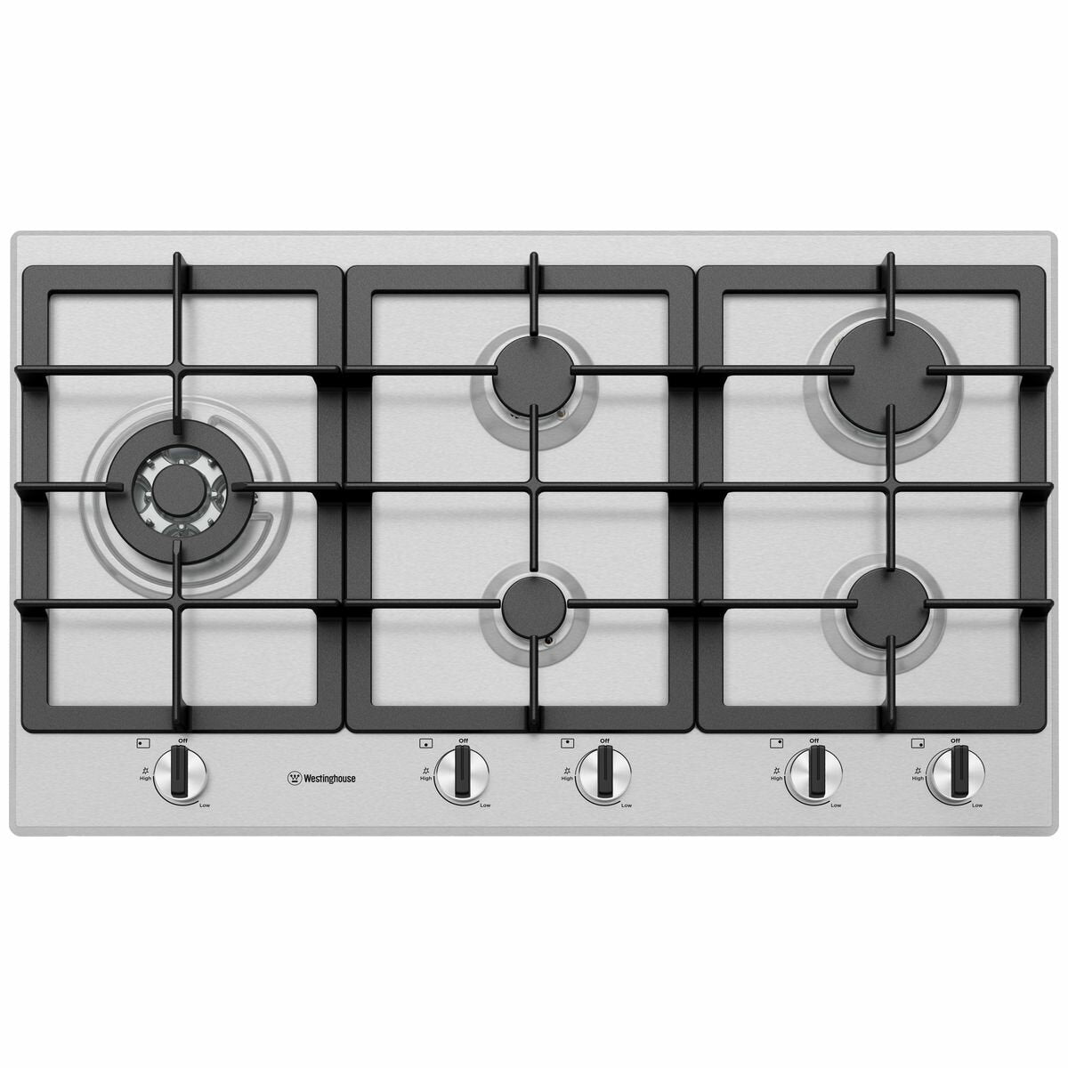 Westinghouse 90cm 5 Burner Natural Gas Cooktop - Stainless Steel, Cast Iron Trivets, Wok Burner - WHG954SC