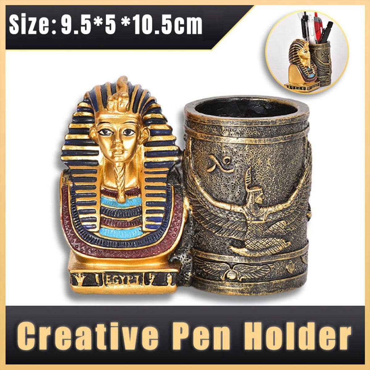 Egyptian Pharaoh Bust Pen Holder with Hieroglyphic Design