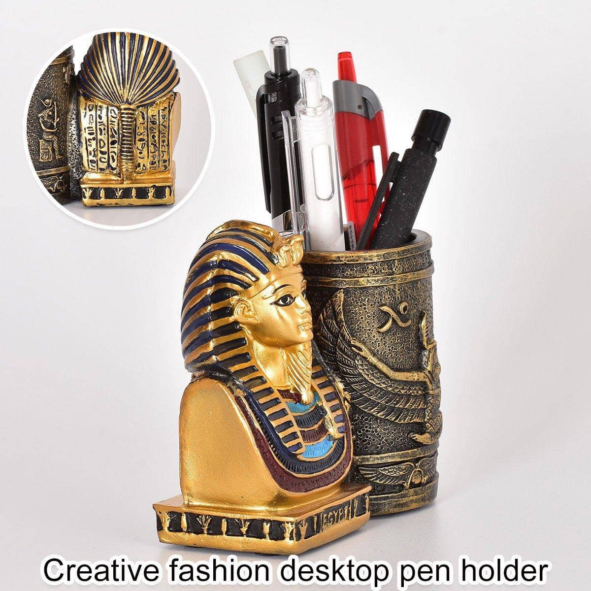 Egyptian Pharaoh Bust Pen Holder with Hieroglyphic Design - view 5