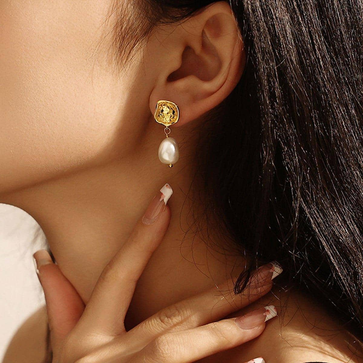 Elegant Baroque Pearl Earrings - Gold with White Pearls - view 4