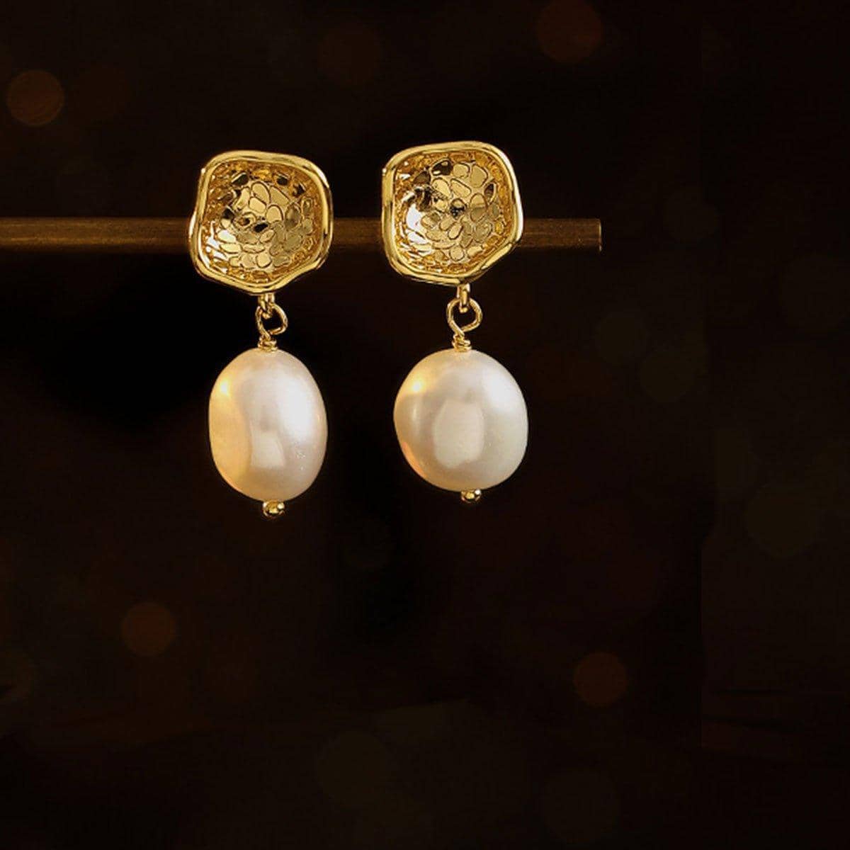 Elegant Baroque Pearl Earrings - Gold with White Pearls - view 5