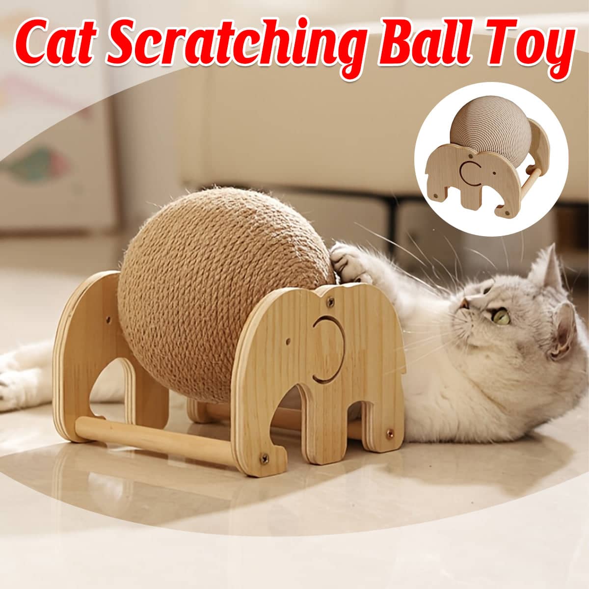Elephant Shaped Cat Claw Grinding Scratch Toy with Sisal Ball, Upright Wooden Base