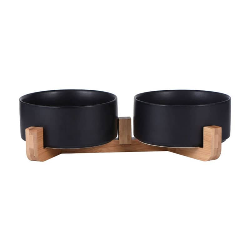 Elevated Double Ceramic Pet Bowl Set with Bamboo Stand - Black