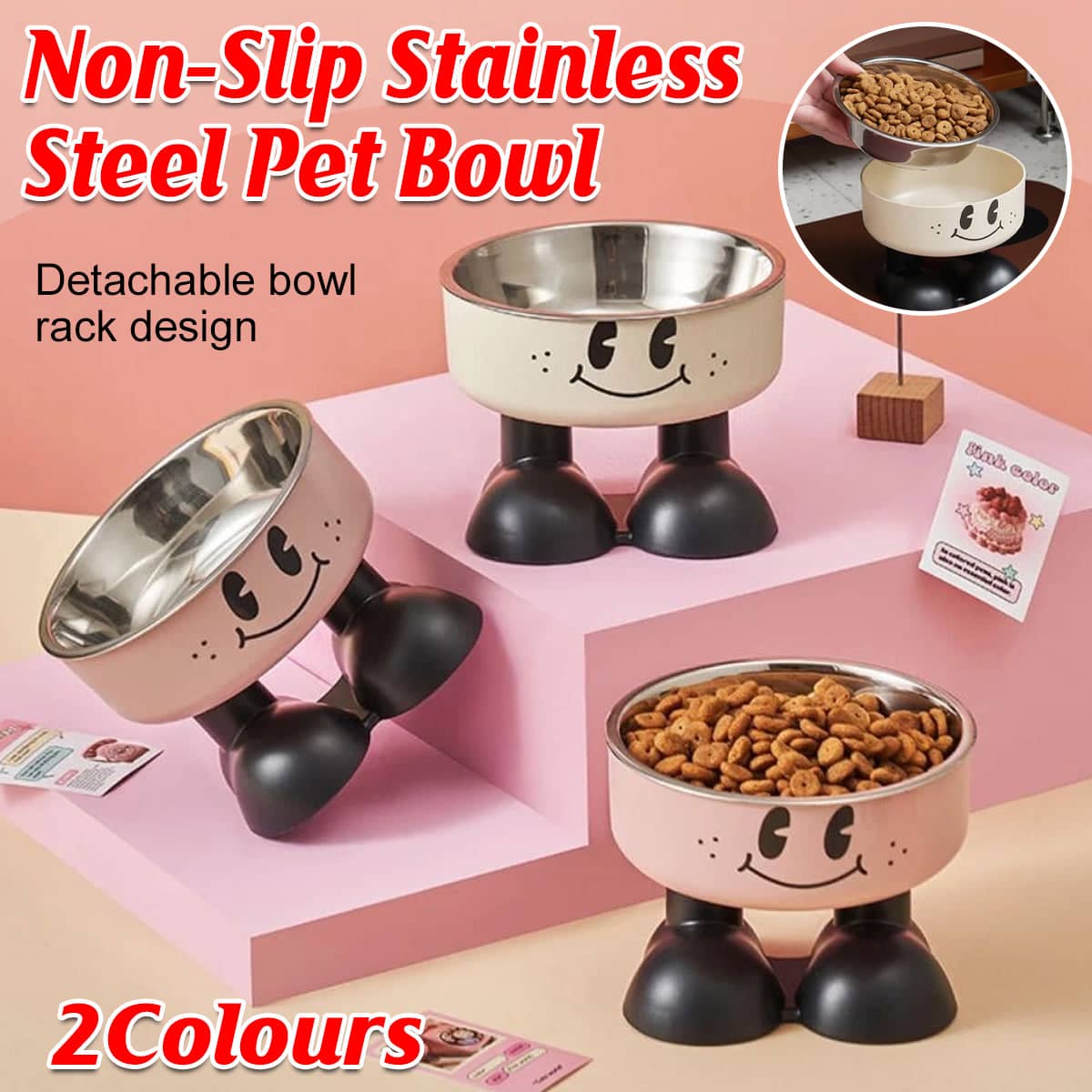 Elevated Pet Bowl with Removable Stainless Steel Liner - Dusty Pink - view 2