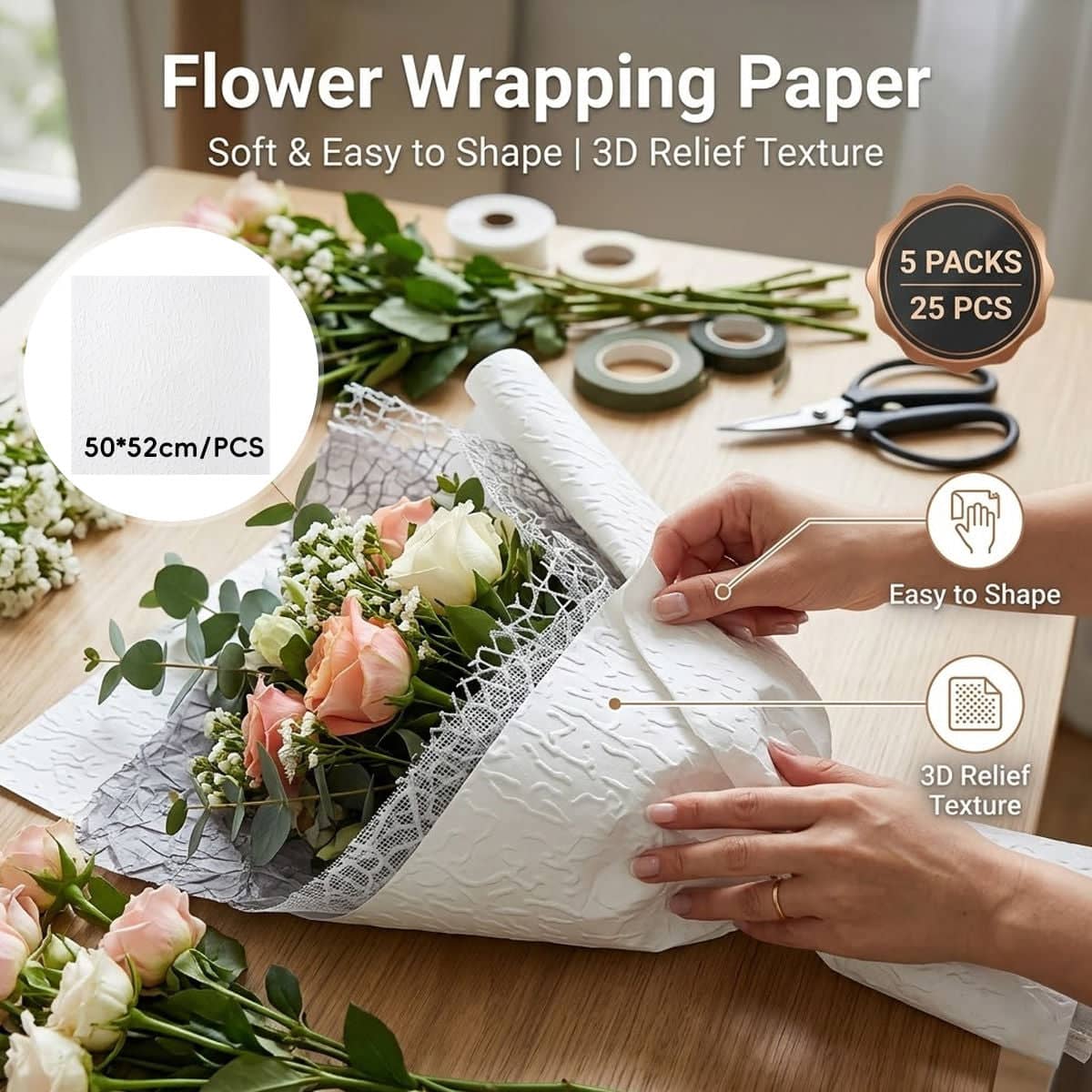 Embossed Flower Wrapping Paper, 5 Packs of 25 Sheets, 50 x 52 cm - Beige - view 2