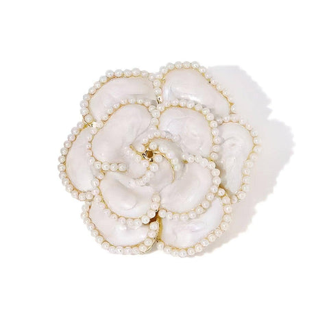 Enamel Camellia Rose Flower Brooch with Pearl, Alloy Coat Pin - White