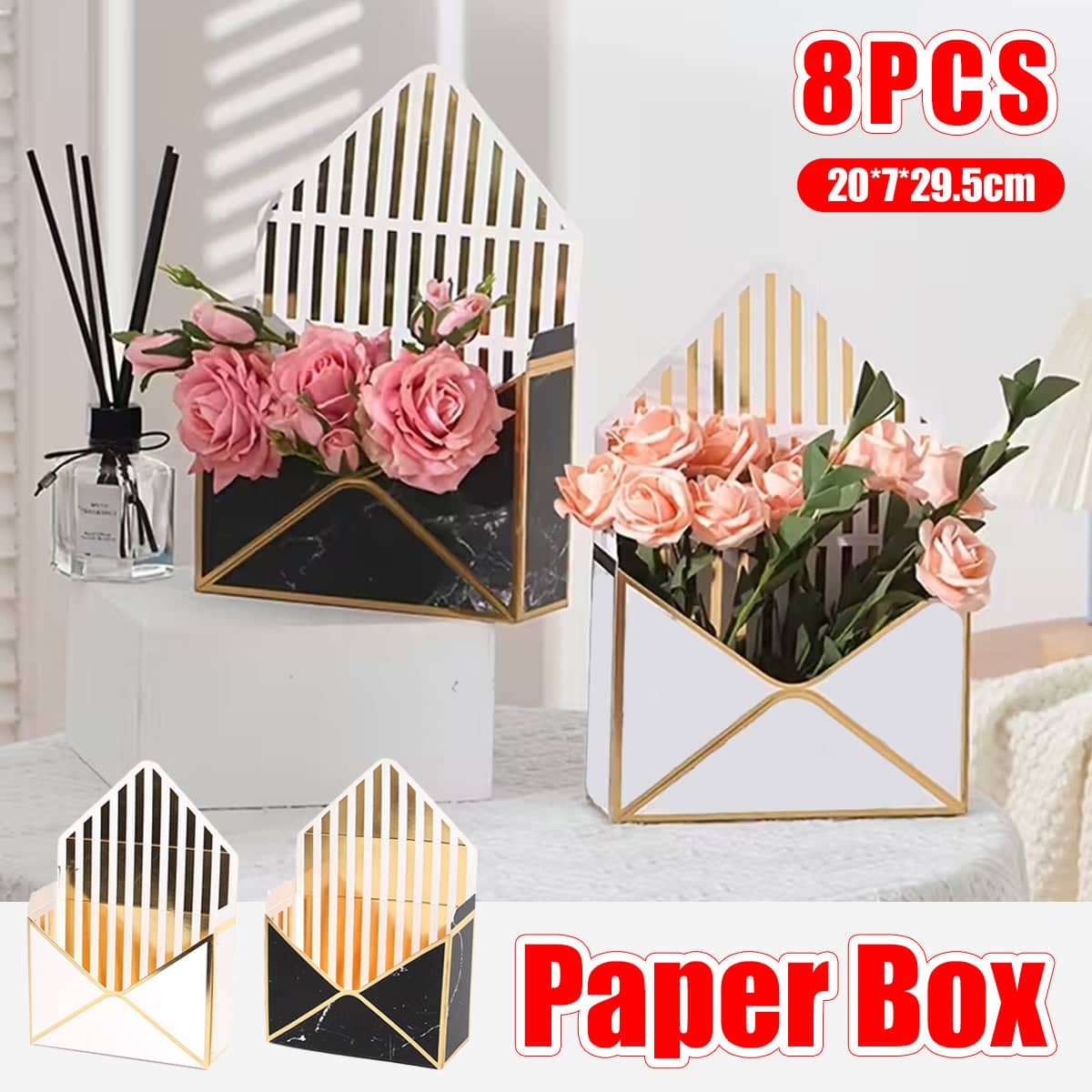 Envelope Flower Gift Boxes, Pack of 8 - Black Marble with Gold Trim - view 2