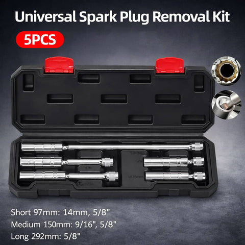 Extended Spark Plug Socket Wrench Set, 5 Piece, 3/8 Drive (9.5mm) Deep Swivel