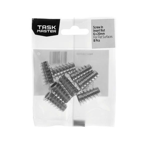 Taskmaster 6 x 20mm Screw In Insert Nut Flat Surfaces 8 Pack