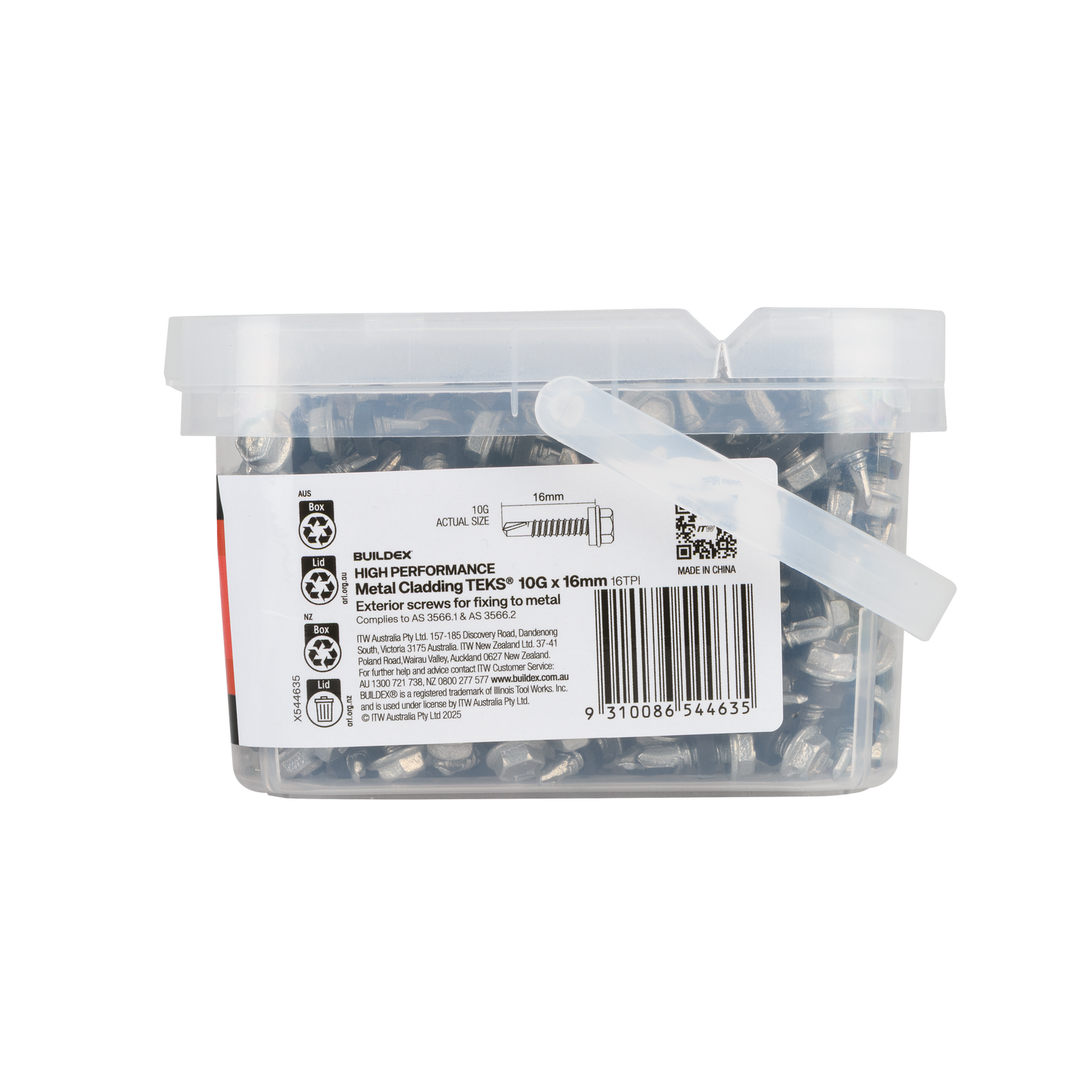 Buildex 10G x 16mm Class 4 Metal Cladding TEKS Screws with Seal, Hex Head - 500 Pack