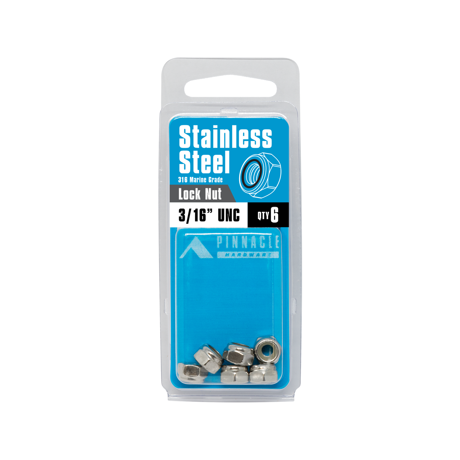 Pinnacle 3/16" Stainless Steel Nylon Lock Nut - 6 Pack