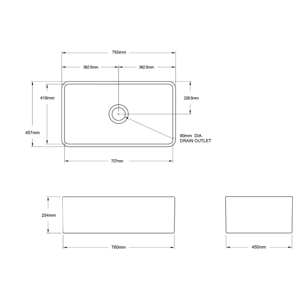 Turner Hastings Novi 75 x 46 butler sink - 64L single bowl, reversible, grey / charcoal - NO754FS-CL