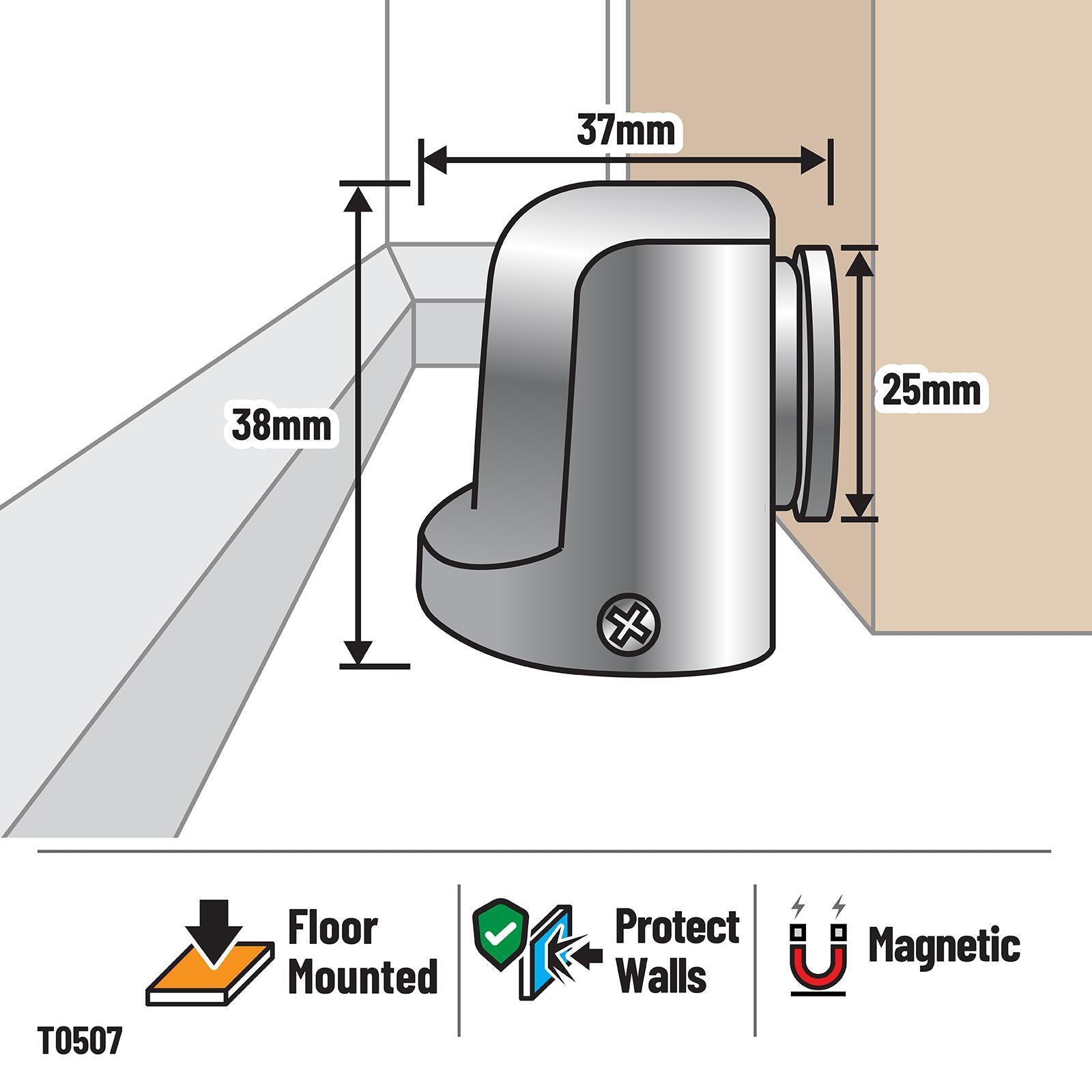 Adoored Satin Chrome Half Moon Magnet Door Stop