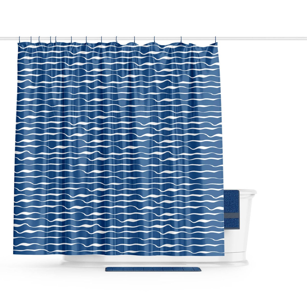 Barelli Blue Textured Waves Polyester Shower Curtain 180 x 180cm 12 Rings