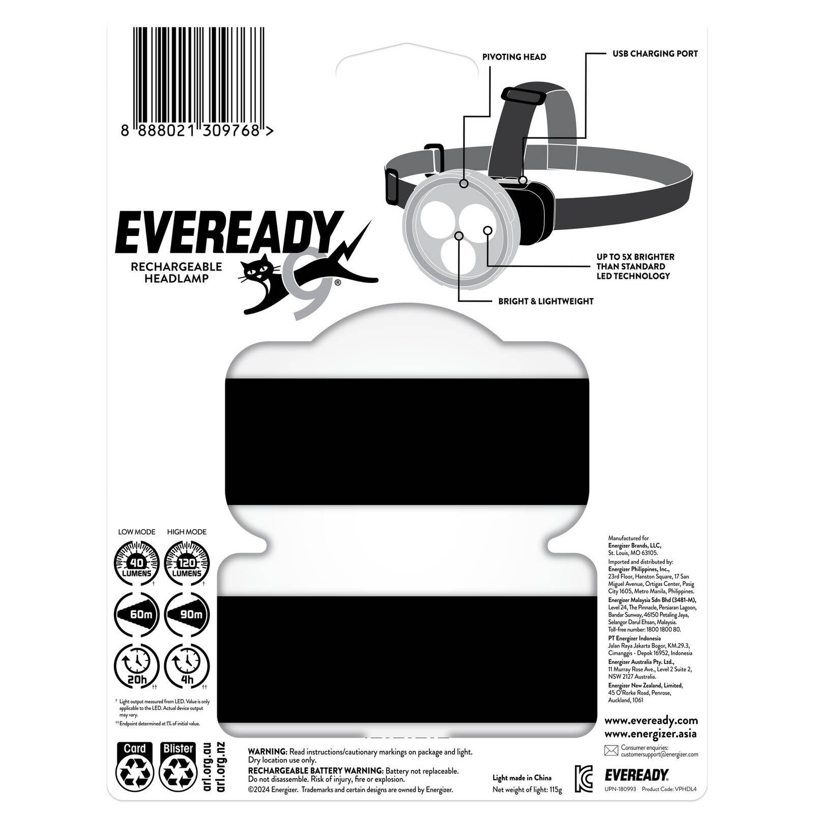 Eveready Rechargeable LED Headlight 120 Lumen, Hands-Free VPHDL4