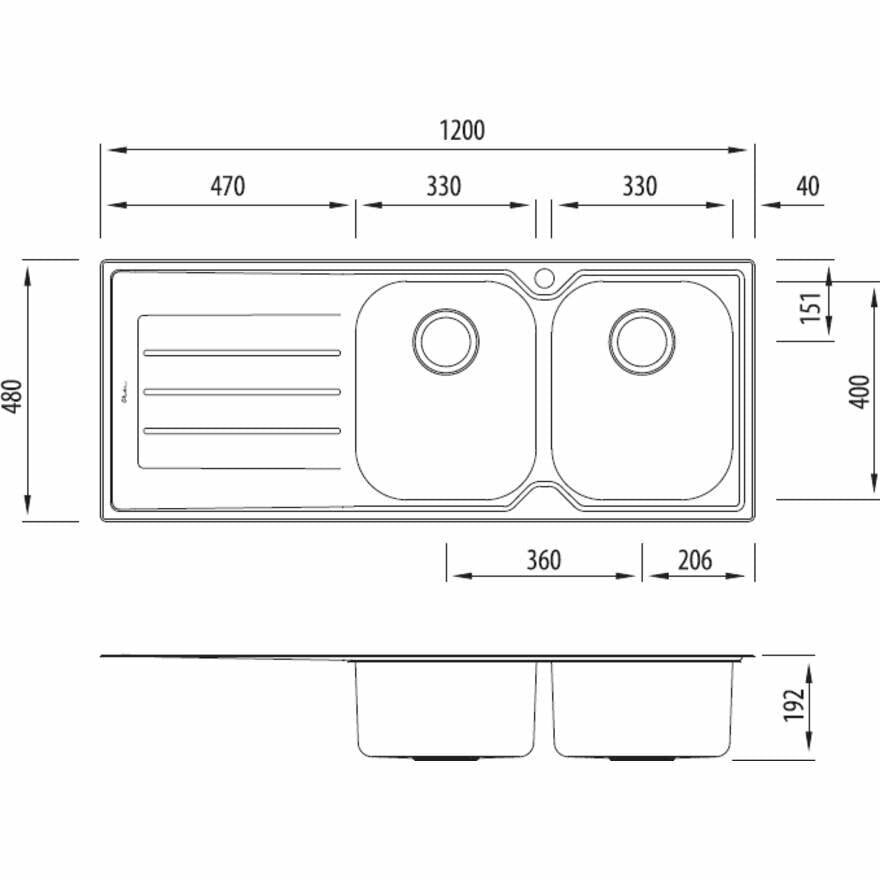 Oliveri Flinders Double Bowl Topmount Sink - Left Hand Drainer, 1200mm Wide, Stainless Steel - FL172