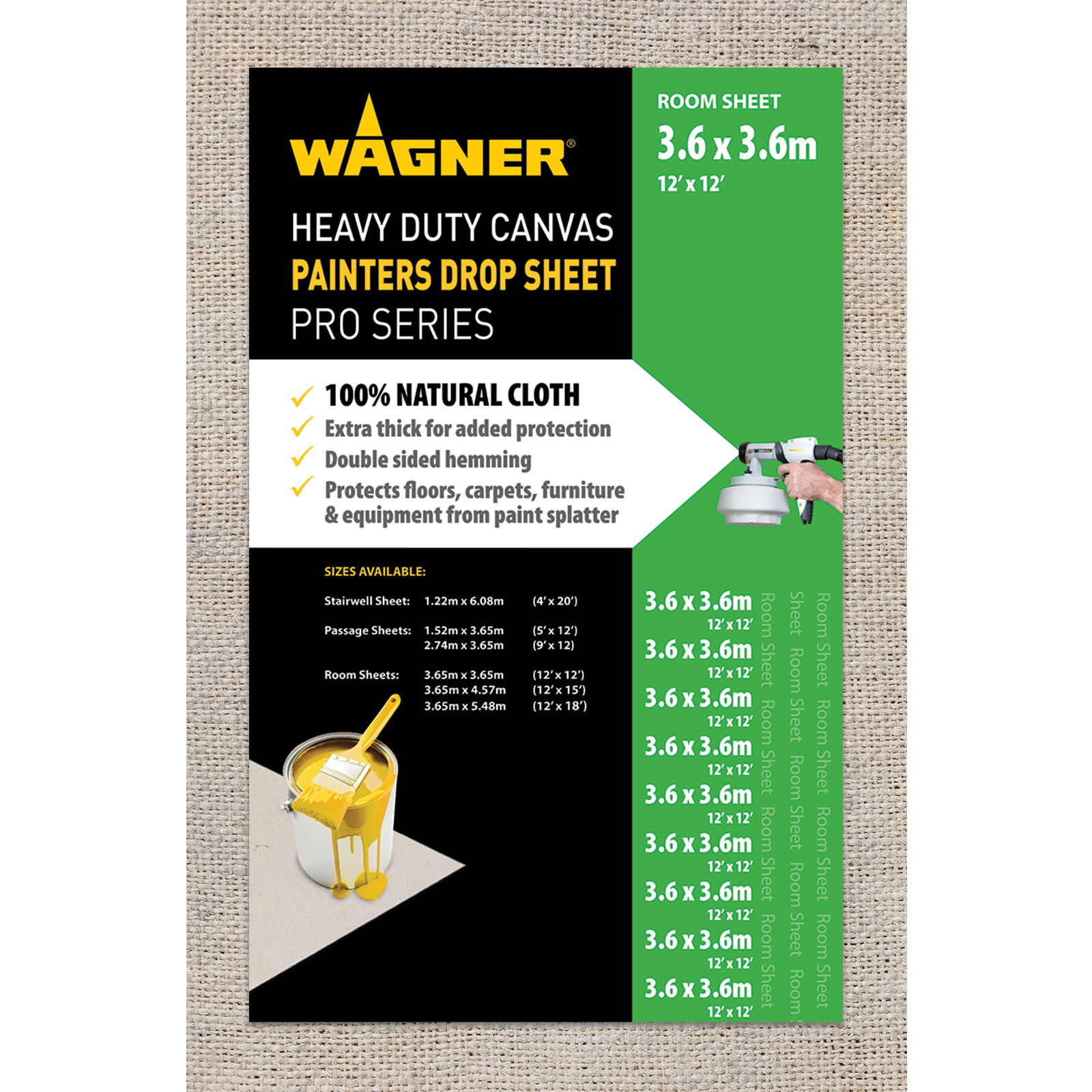 Wagner 3.65 x 3.65m Heavy Duty Canvas Drop Sheet, White Cotton