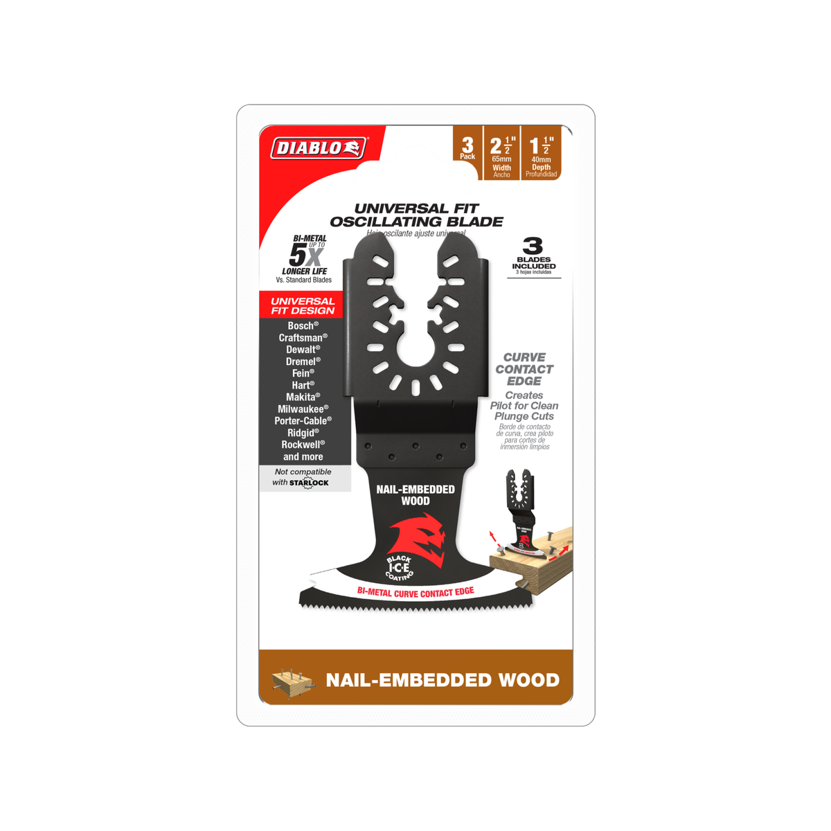 Diablo 65mm Universal Fit Bi-Metal Multi-Tool Blades for Nail-Embedded Wood, 3 Pack