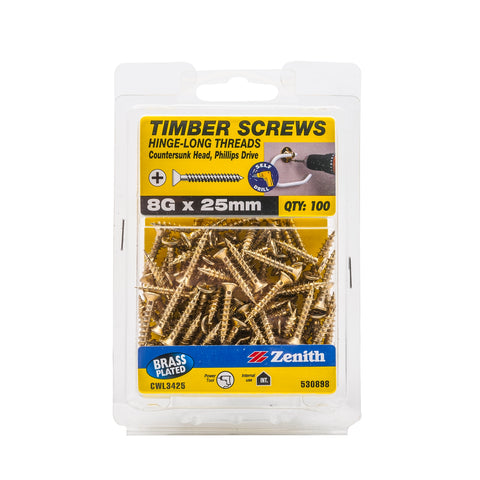 Zenith 8G x 25mm Brass Plated Countersunk Hinge Timber Screws 100 Pack