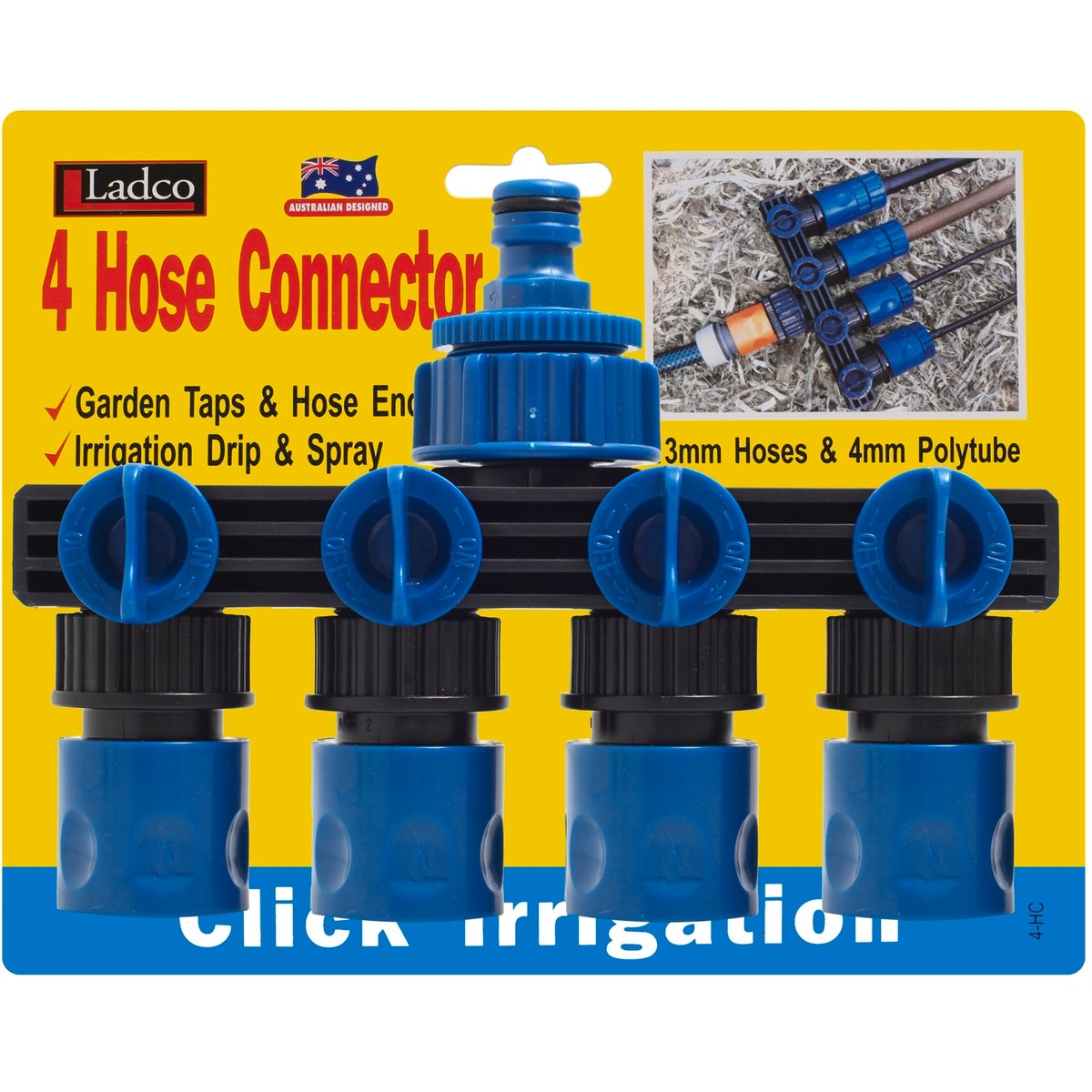Ladco 4 Outlet Hose Connector, Click-In for 4mm, 6mm & 13mm Irrigation Pipe