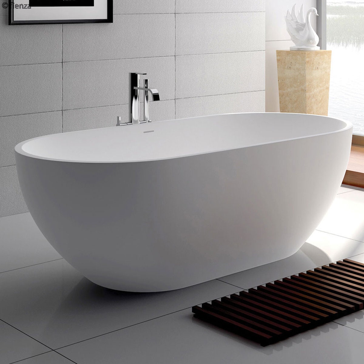 Fienza Nero 1780 Freestanding Oval Stone Bath - Matte White - With Overflow - ST12