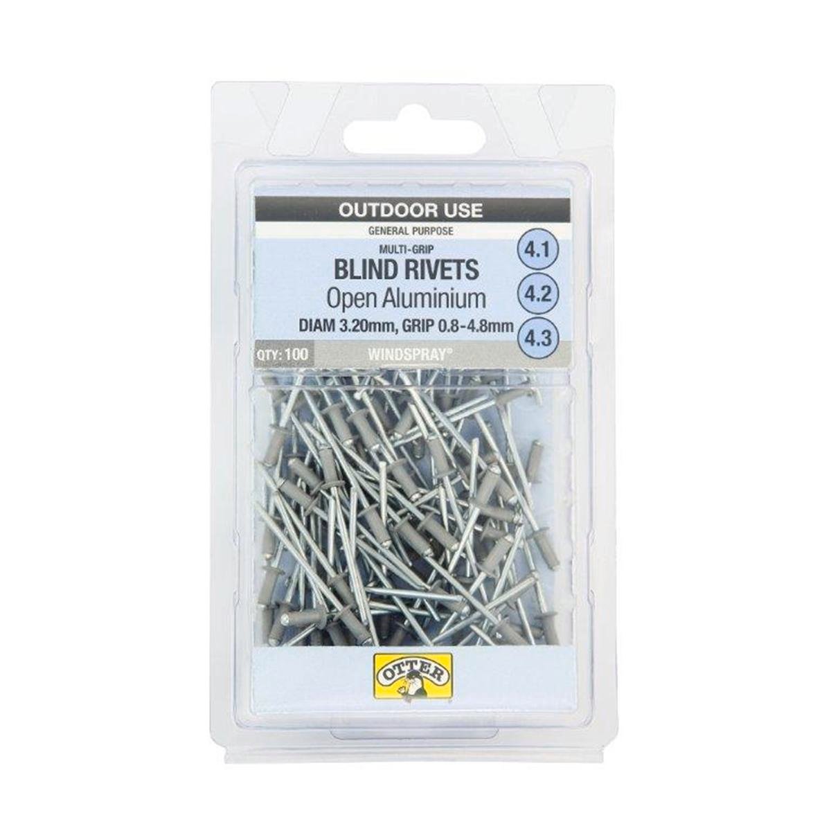 Otter Windspray 3.2 x 0.8-4.8mm Multi-Grip Open Aluminium Blind Rivets 100 Pack