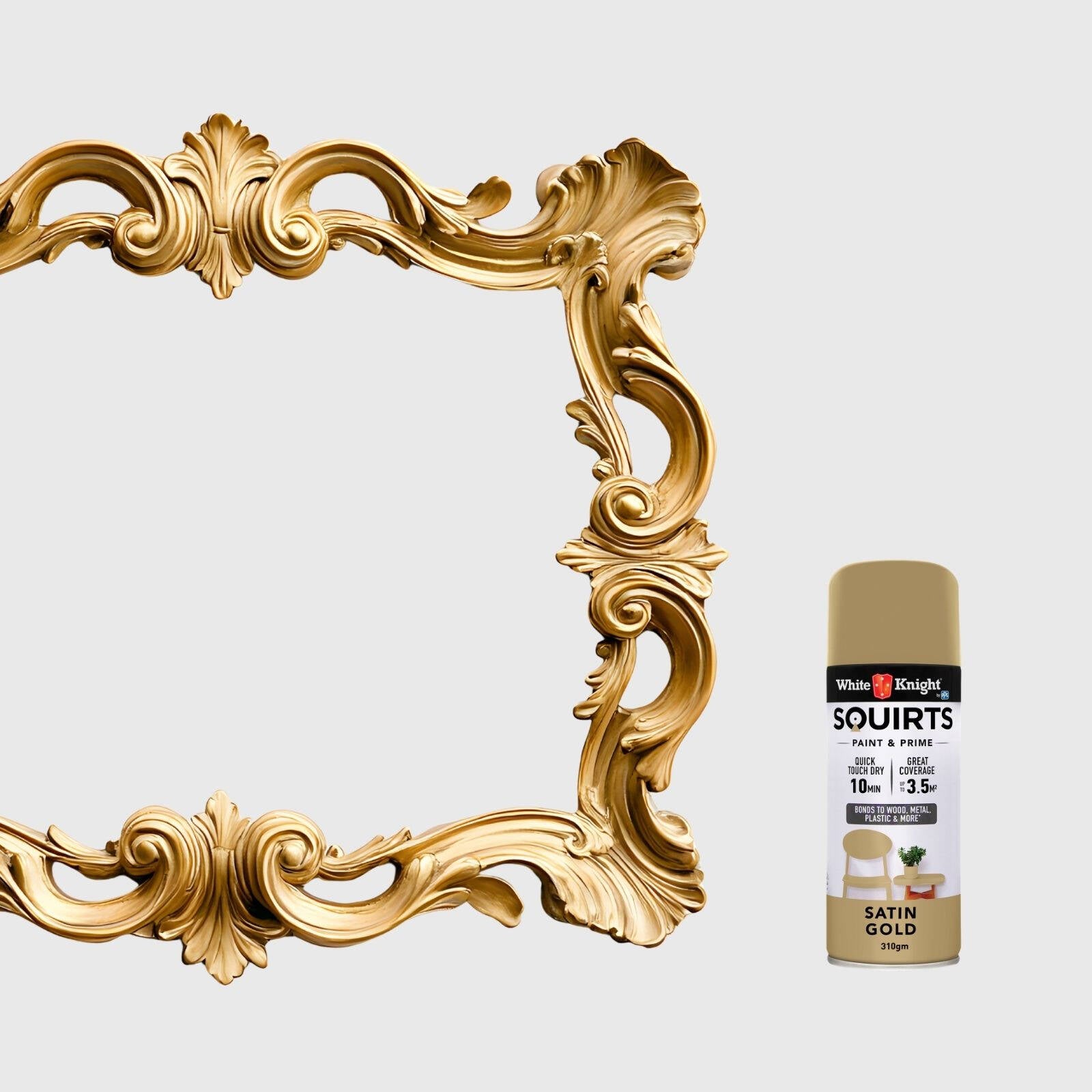 White Knight Squirts Gold Satin Spray Paint 310g - Solvent-Based Paint & Primer, UV Resistant