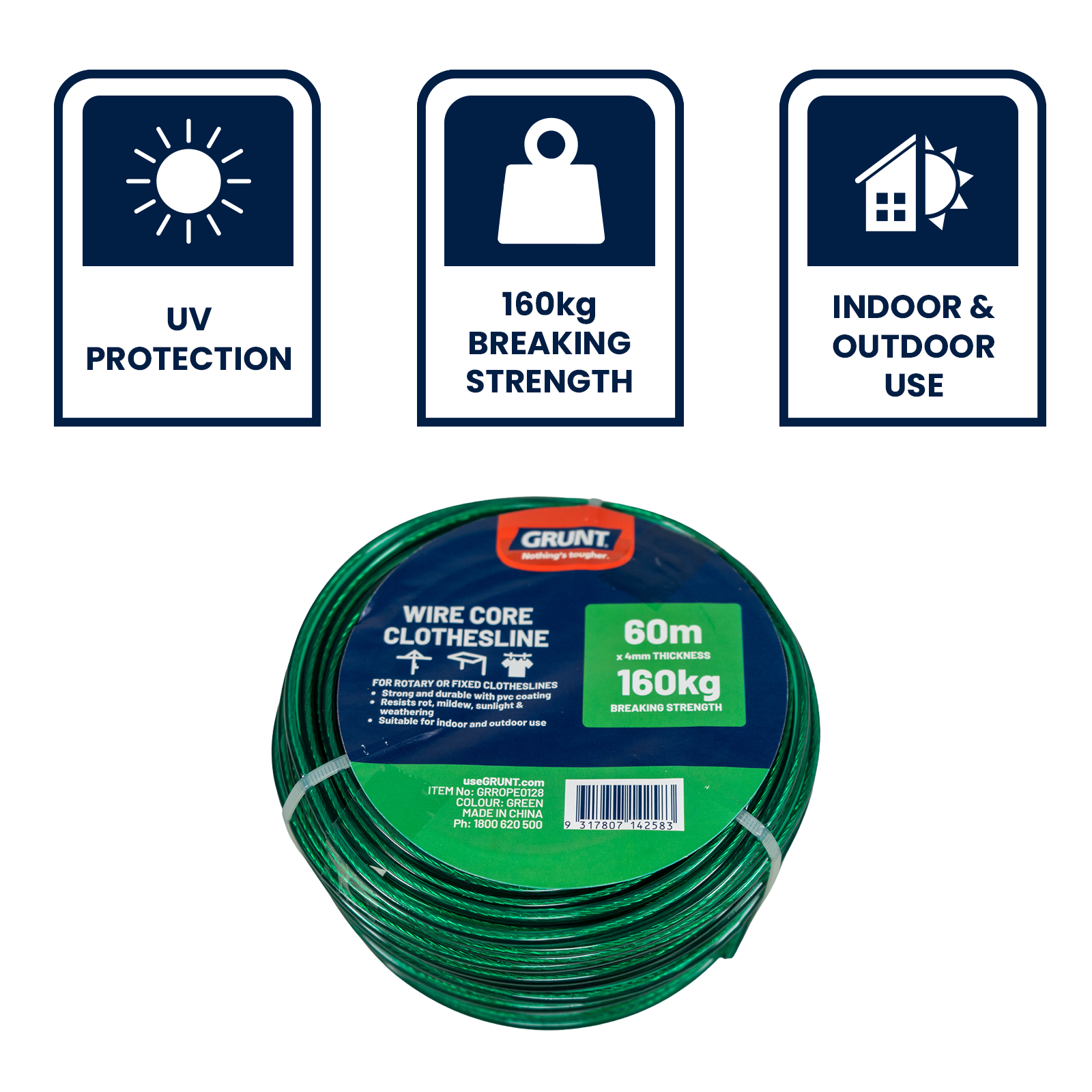 Grunt 4mm x 60m Green Clothesline Wire, PVC Coated, 160kg Break Strength, Weather Resistant