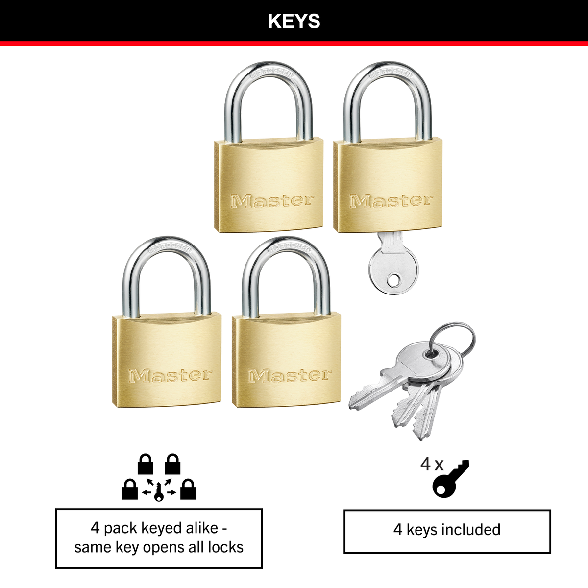 Master Lock 40mm Solid Brass Keyed Padlock - 4 Pack