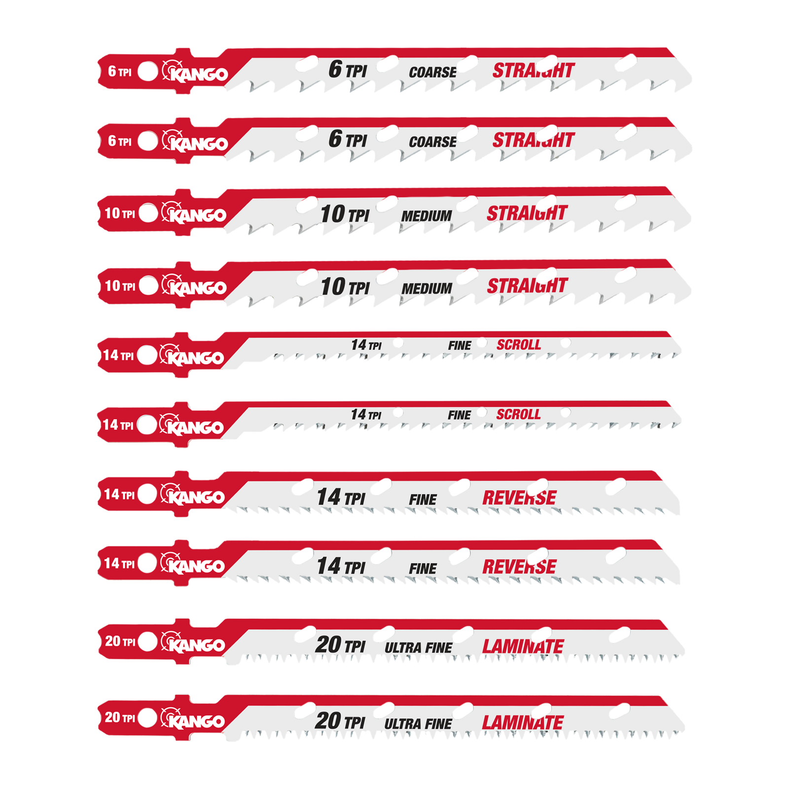 Kango 10 Piece Wood Jigsaw Blade Set, Straight, Scroll & Laminate Cuts