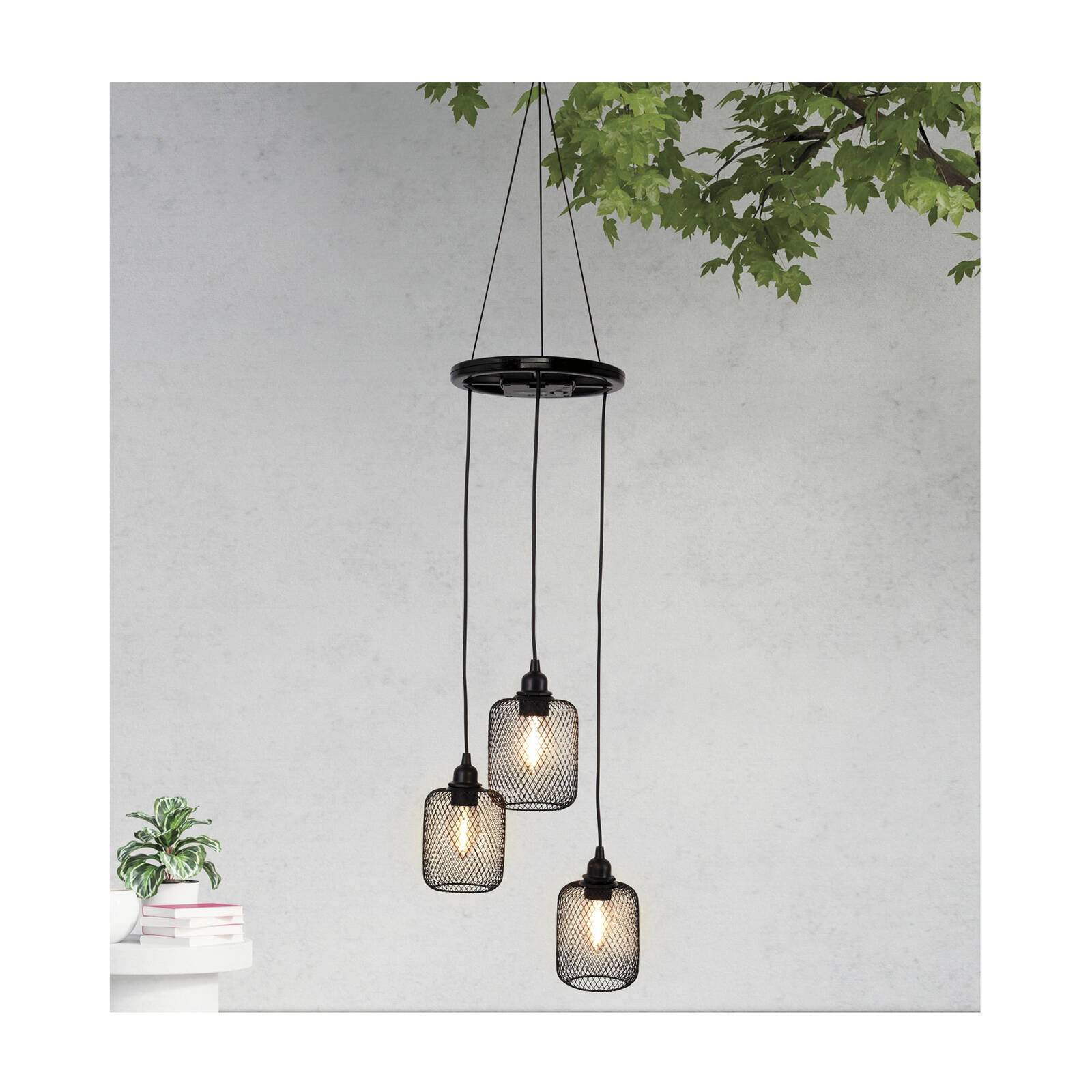 Lytworx Solar Triple Bulb Chandelier Lights 950mm Warm White Black Metal Outdoor