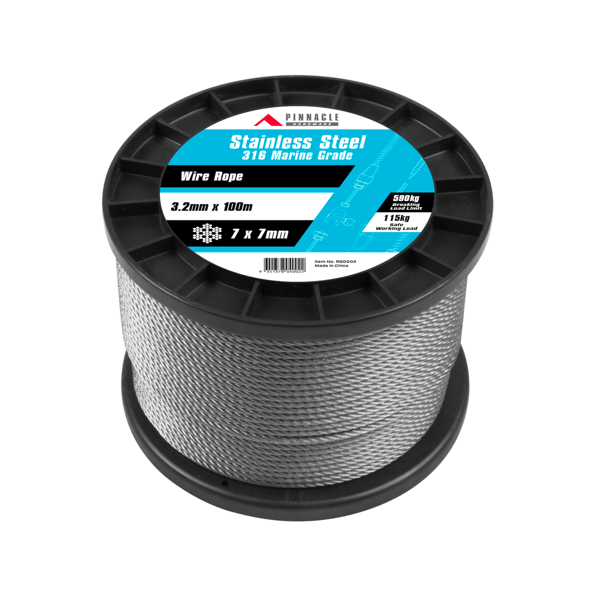 Pinnacle 3.2mm x 100m 316 Marine Grade Stainless Steel Wire Rope, 7x7 Construction