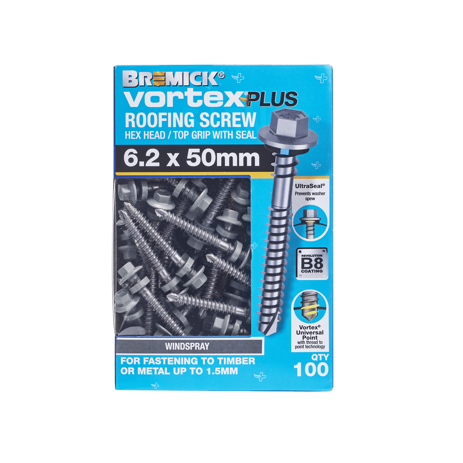 Bremick Vortex Plus 6.2 x 50mm Hex Roofing Screw, Carbon Steel B8 Windspray, Sealed Head Vortex Point - 100 Box