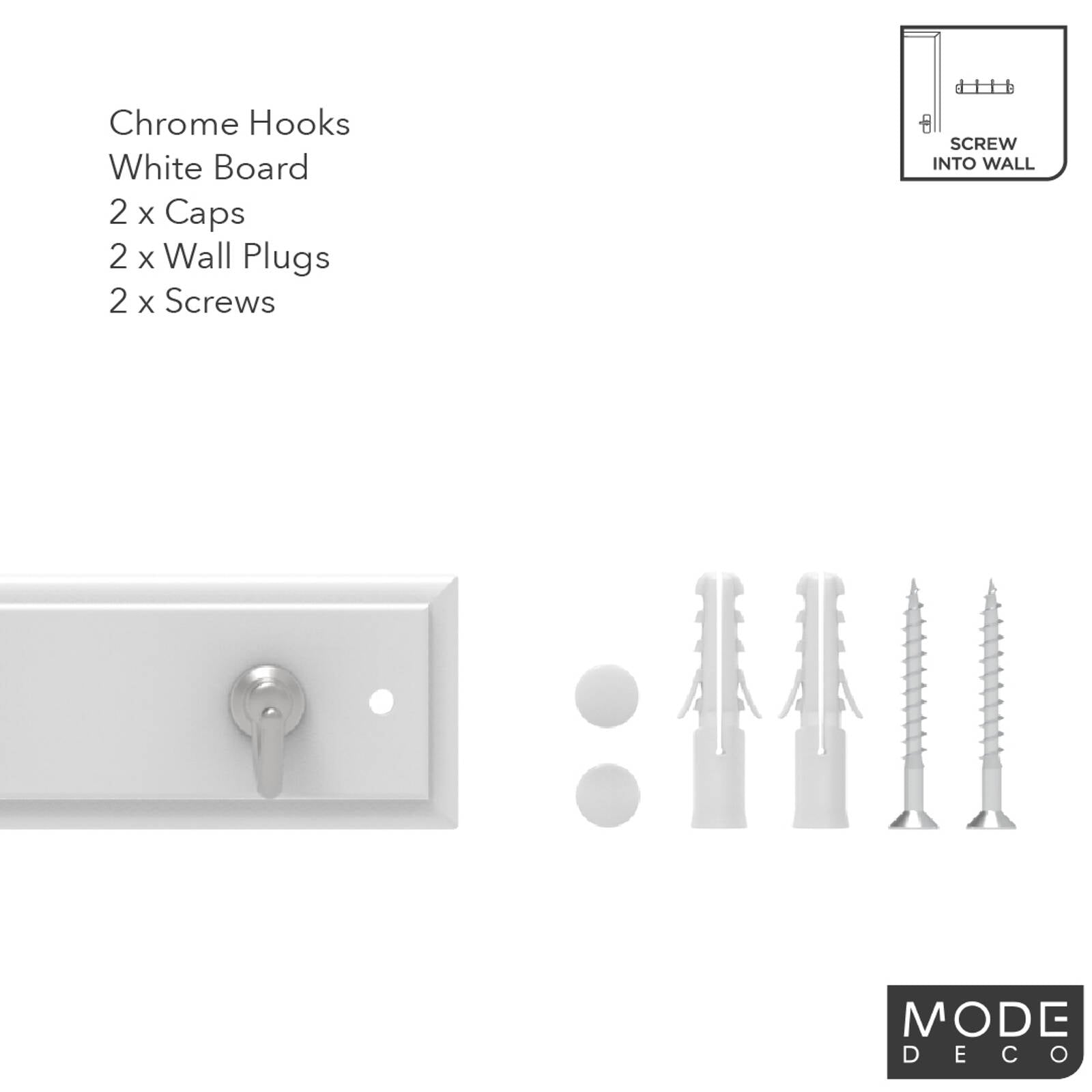 Mode Perma 240mm White MDF Key Rack 4 Chrome Hooks