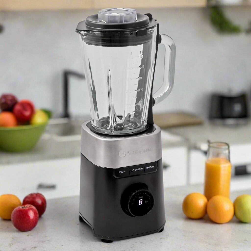 Westinghouse Blender 1.5L Glass Jug - Black with Stainless Steel Trim - 900W, 8 Speeds, Hex Blade - WHBL04K
