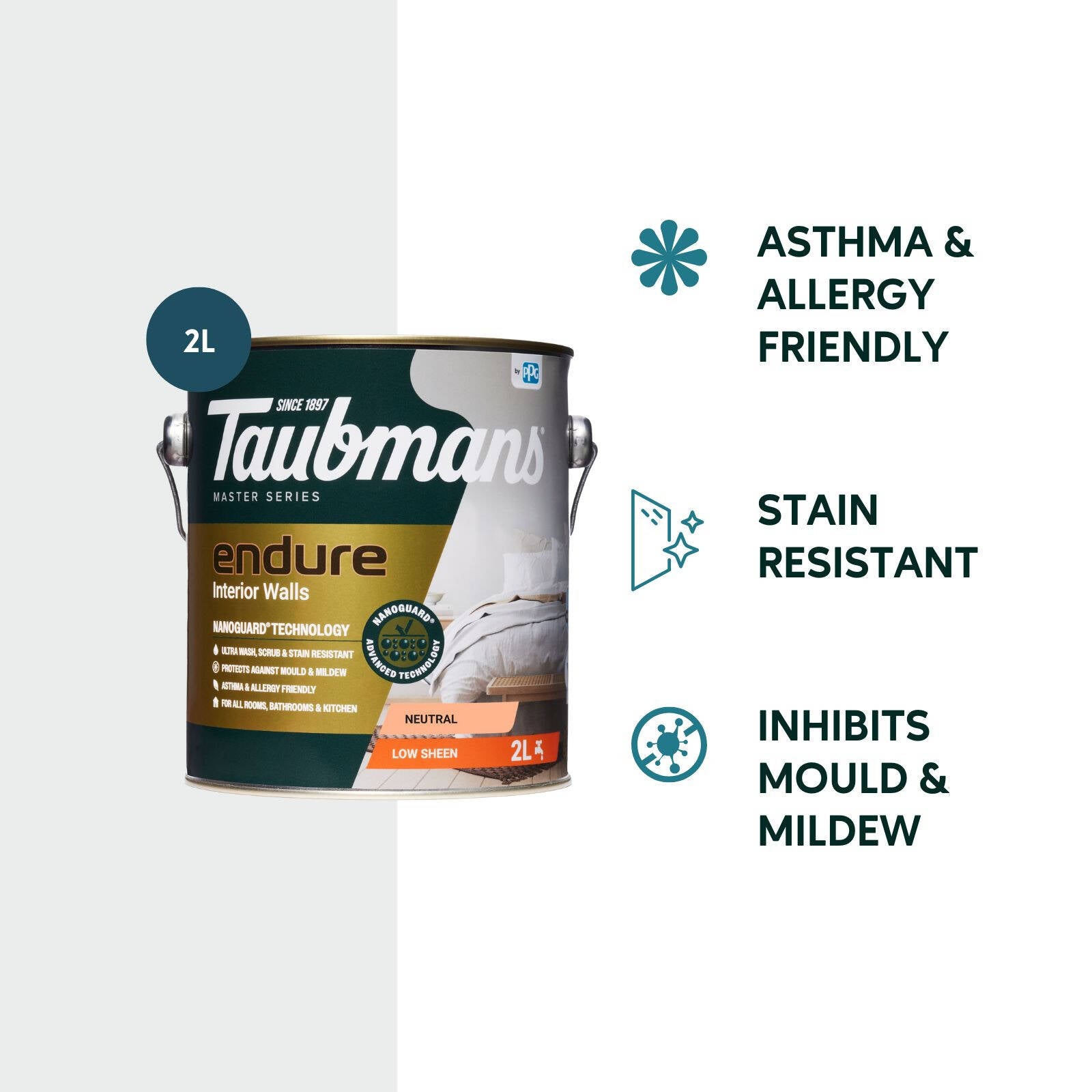 Taubmans Endure 2L Neutral Low Sheen Interior Wall Paint Stain Resistant