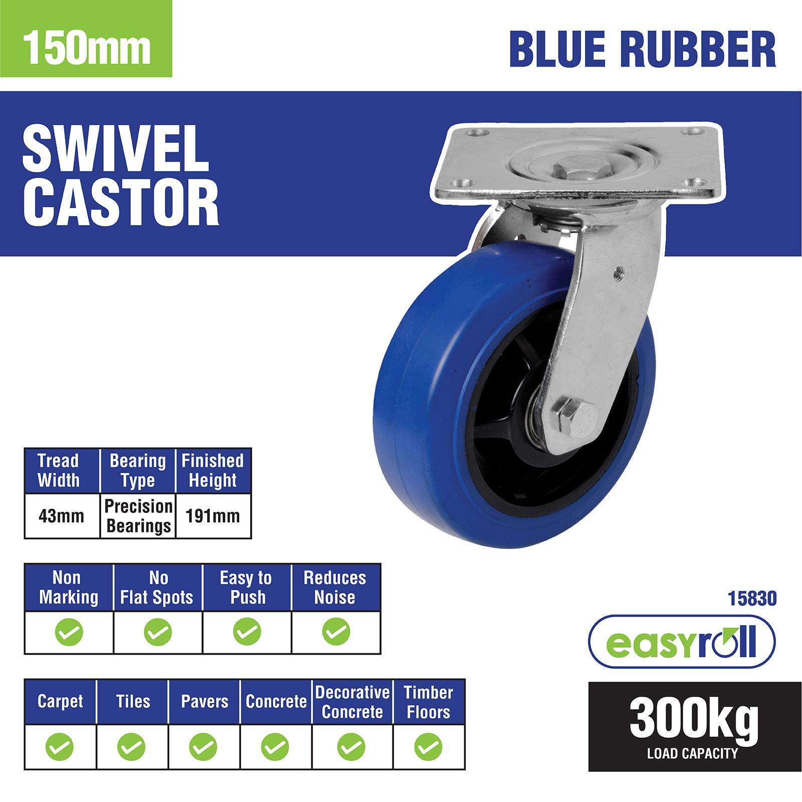 Easyroll 150mm Blue Elastic Rubber Heavy Duty Swivel Plate Castor, 300kg