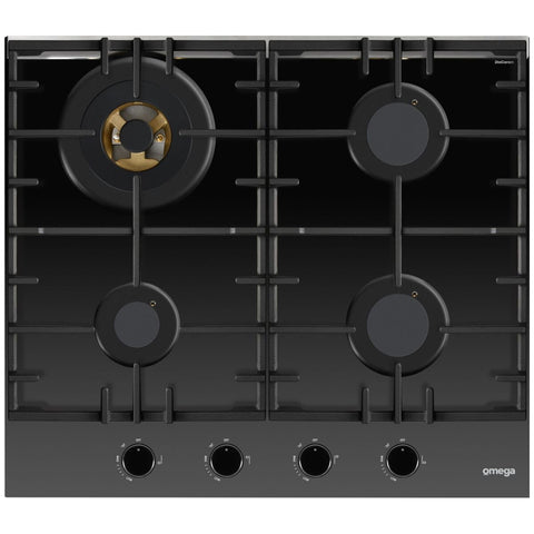 Omega 60cm Natural Gas Cooktop - Black Ceramic Glass, Wok Burner, Brass Burners, Cast Iron Trivets - OCGG604WB