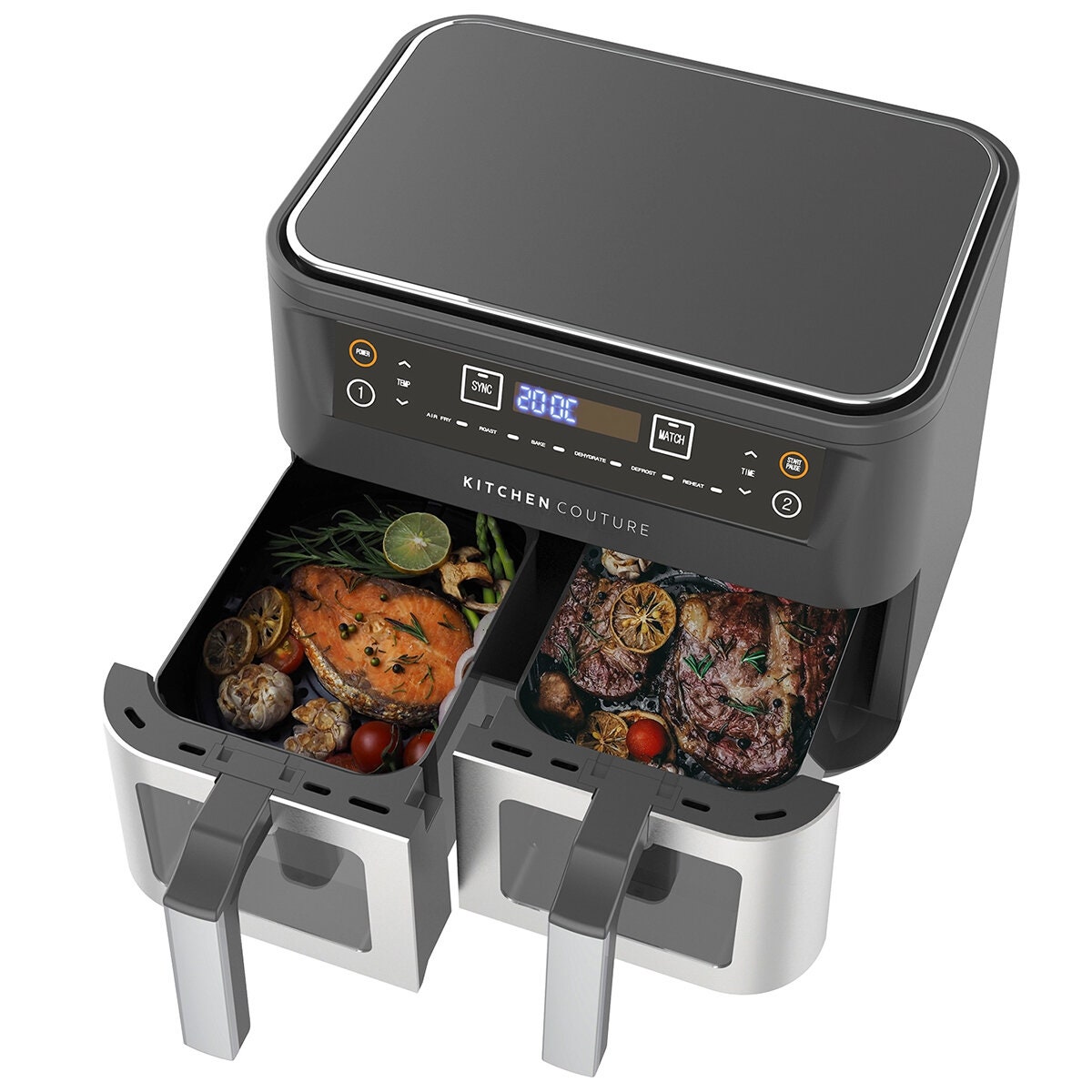 Kitchen Couture Dual View Twin Basket Air Fryer 10L - Black and Silver - Viewing Windows - 10004409