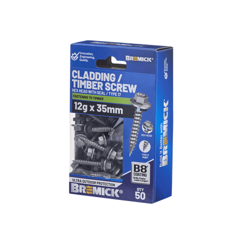 Bremick 12g x 35mm Hex Cladding Screw, Carbon Steel B8 Coating, Sealed Head Type 17 Point - 50 Pack